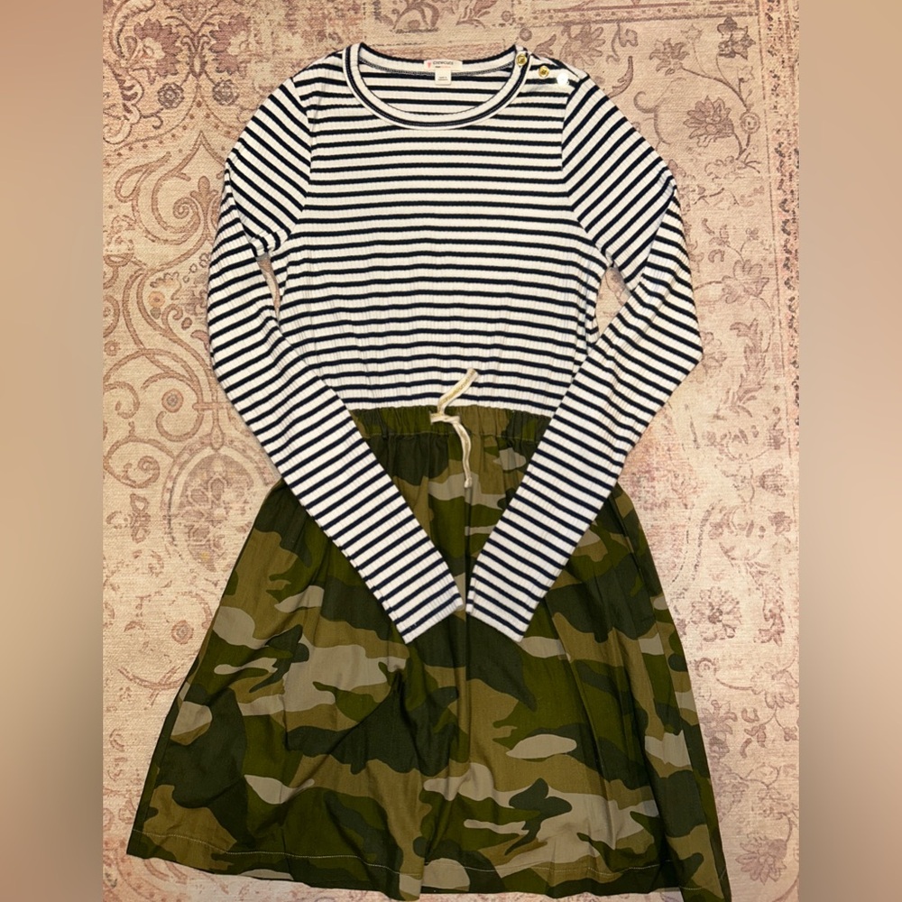 Crewcuts Long Sleeve Striped Ribbed Top & Camo Skirt Dress (Size XL 10-12)